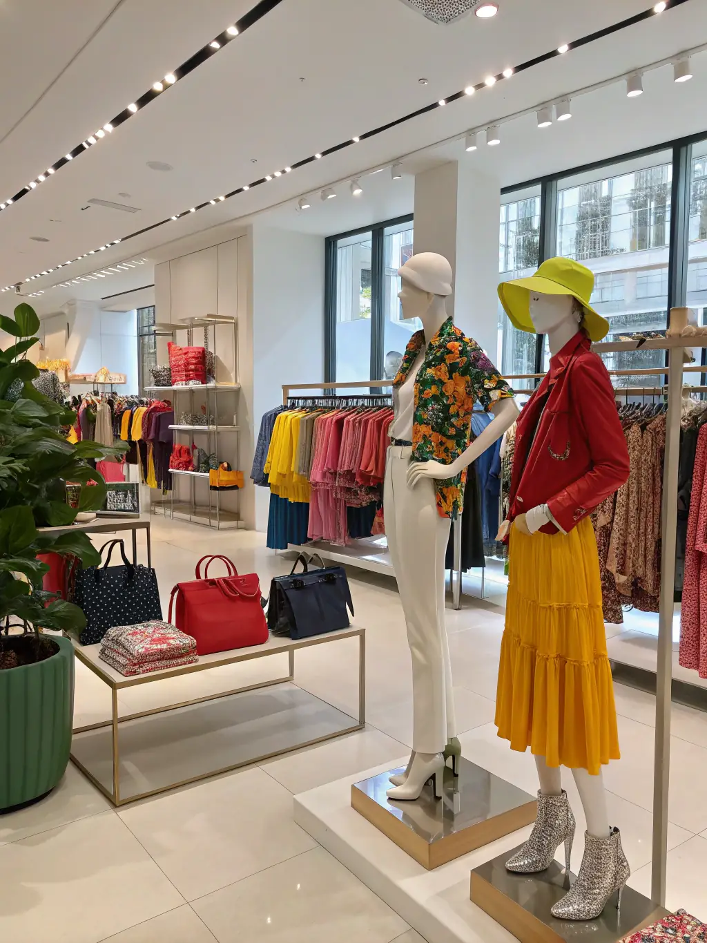 A diverse collection of ER-ONE's unique designs displayed on mannequins in a modern showroom, highlighting the brand's innovative approach to African fashion.