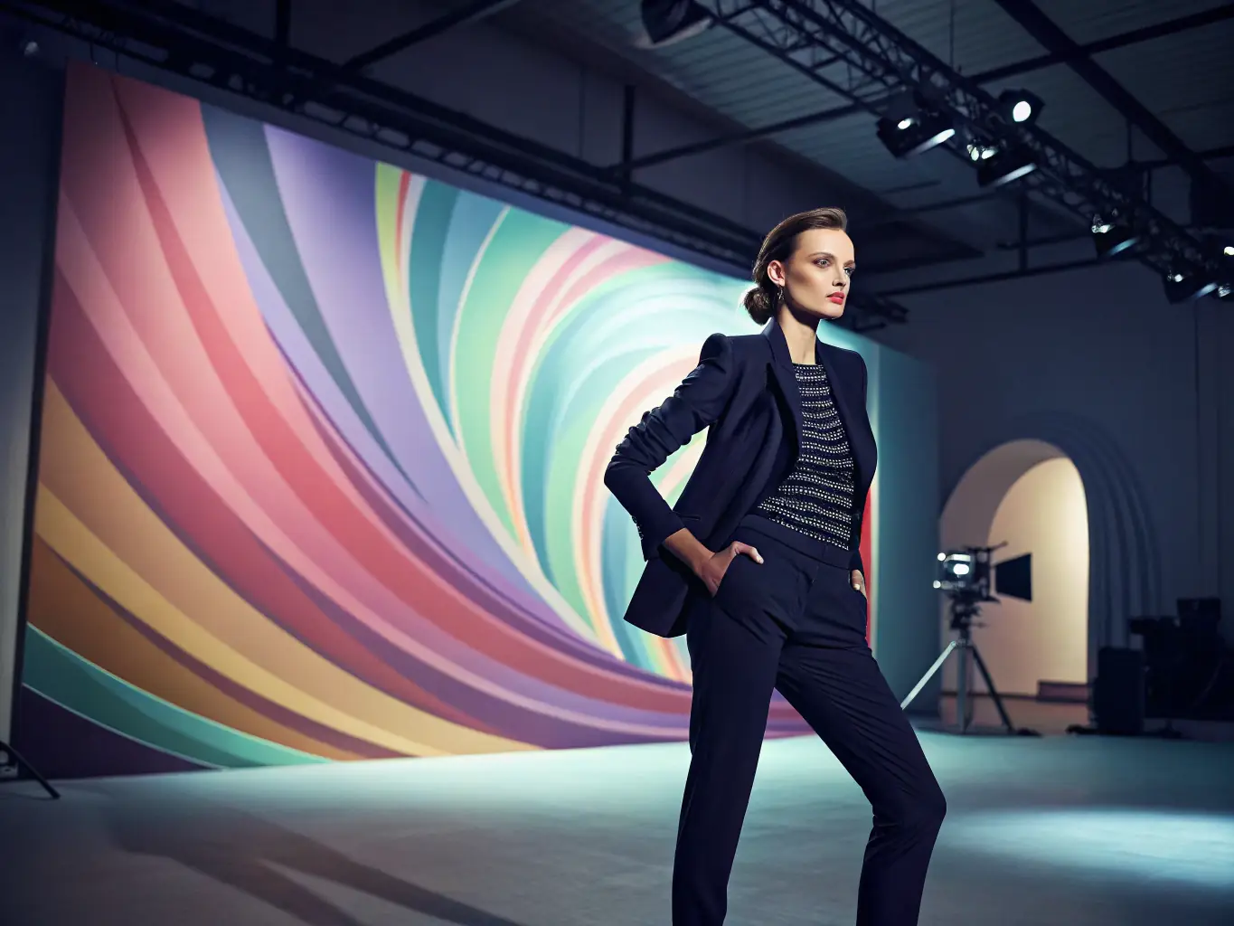 A sophisticated model wearing a tailored African print suit, exuding confidence and style in a modern office environment, showcasing the versatility of African fashion.